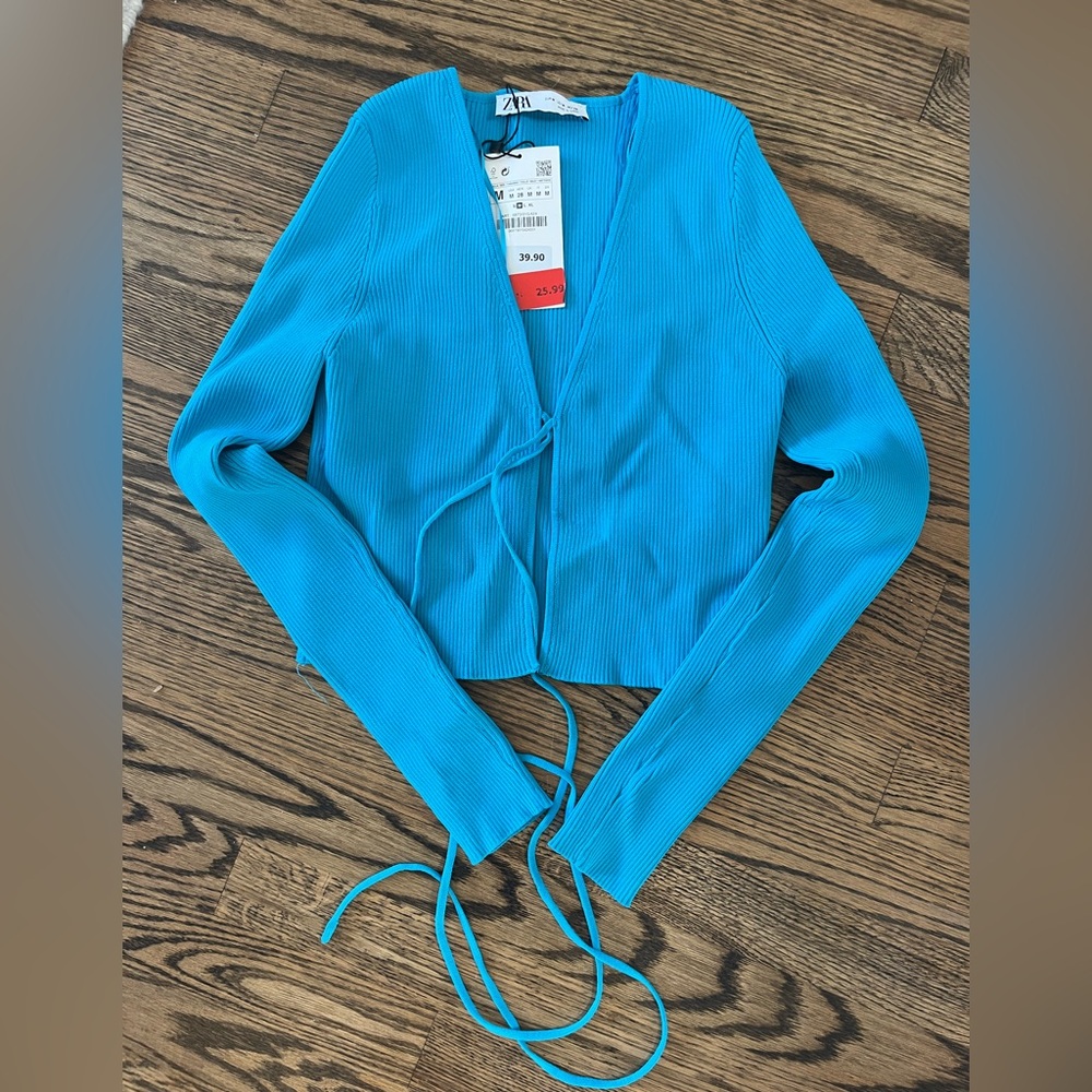NWT Zara Turquoise Crop Sweater with Tie Front